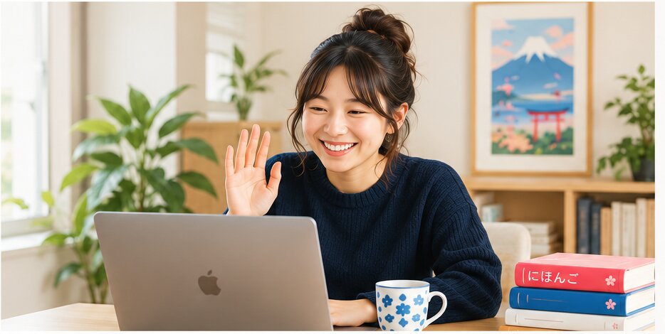Smiling student waving during an online Japanese lesson